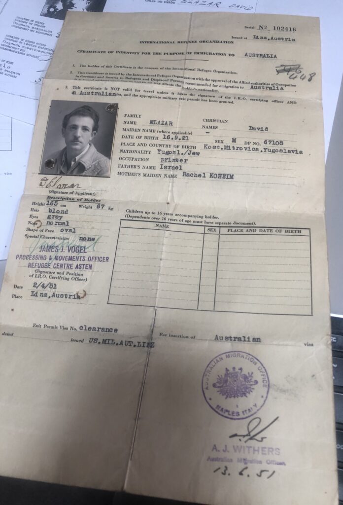 David's documents for immigration to Western Australia. At the start of the war, David's mother changed his birth year so he was eligible to join the Russian army.