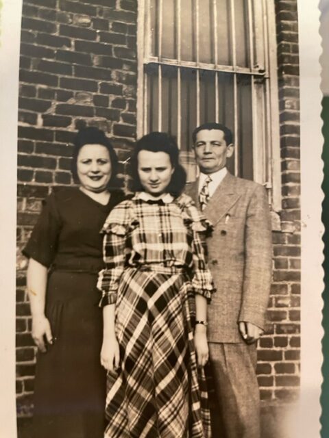 First photo taken in this country-Helen, Esther and Helen’s step father, Joe. Esther met him in the DP camp. This is in Passaic, NJ in front of their apartment